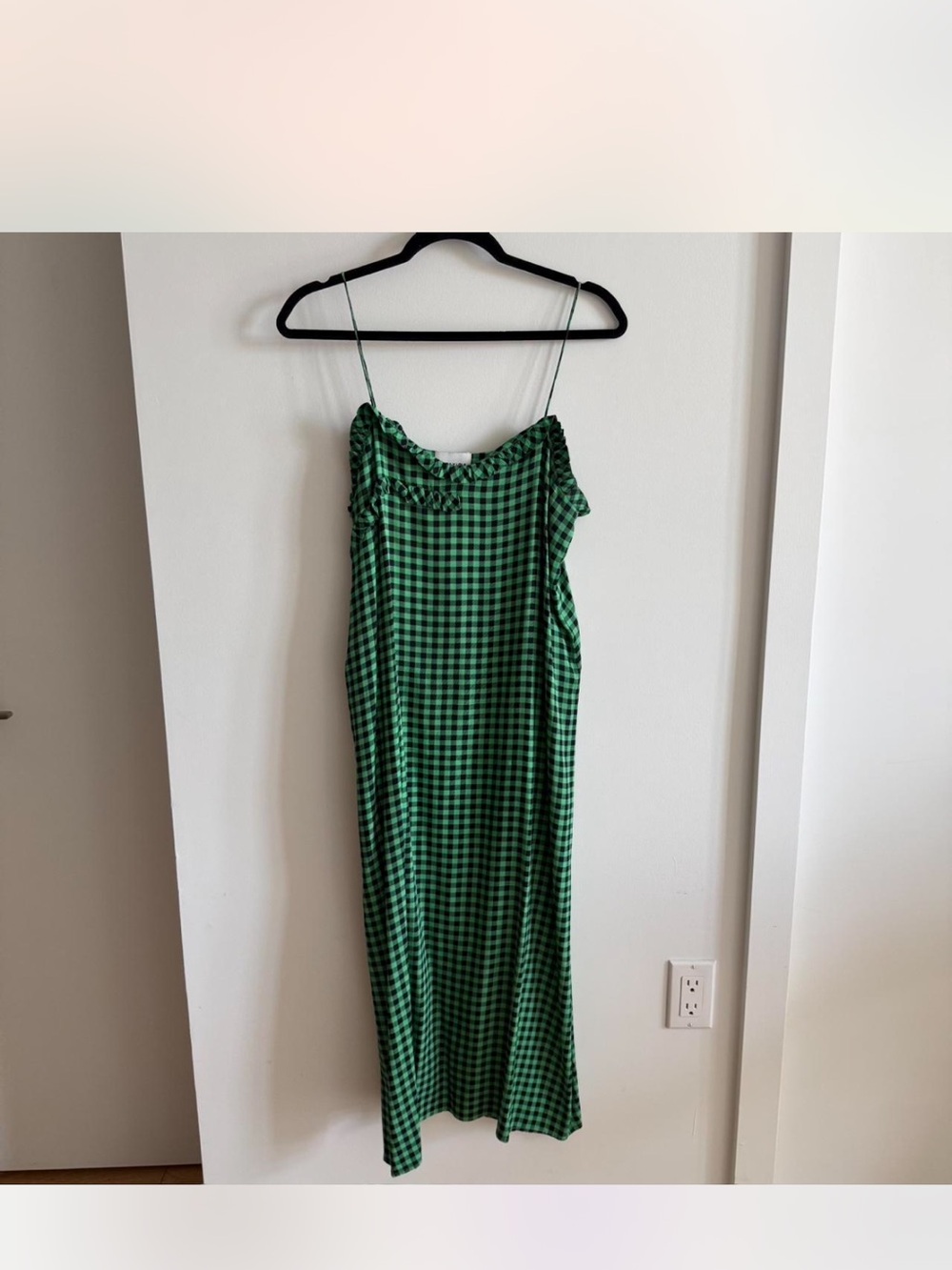 Green Gingham Midi Slip Dress with Spaghetti Straps and ruffle detail